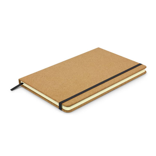 A brown cork notebook with a black elastic band, featuring a cream-coloured inner page.