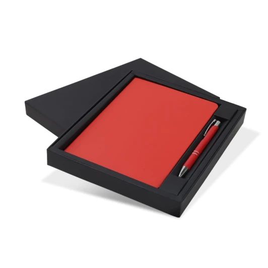 A red notebook and pen gift set housed in a sleek black box with a branding logo.