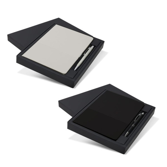 A gift set featuring a black notebook and pen, presented in a sleek black box with a minimalist design.