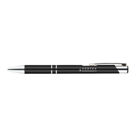 A black gel ink pen with silver accents, featuring a branding logo.