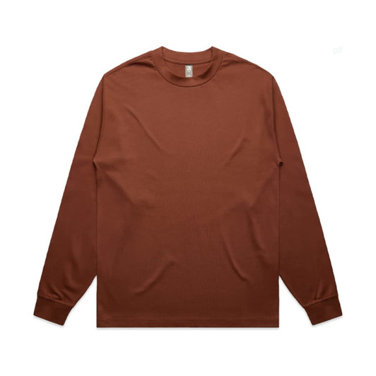 A brown long-sleeve t-shirt with a simple design and a visible logo on the label.