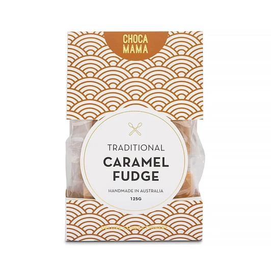 A packet of traditional caramel fudge featuring a decorative orange and white design, labelled as handmade in Australia.