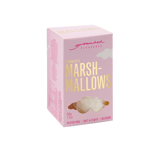 A pink box of gluten-free marshmallows with a soft and fluffy texture. It features a logo on the packaging.
