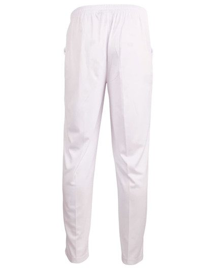 White kids' cricket pants with an elasticised waist and pockets, featuring a subtle logo.
