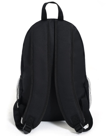 A black backpack with padded straps and mesh side pockets, featuring a sleek, minimalist design.