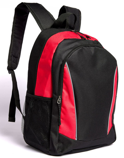A black and red backpack featuring a mesh side pocket and a distinctive logo.