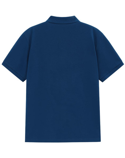 A navy blue men's classic cotton/poly pique short sleeve polo shirt, featuring a back view and a collar.