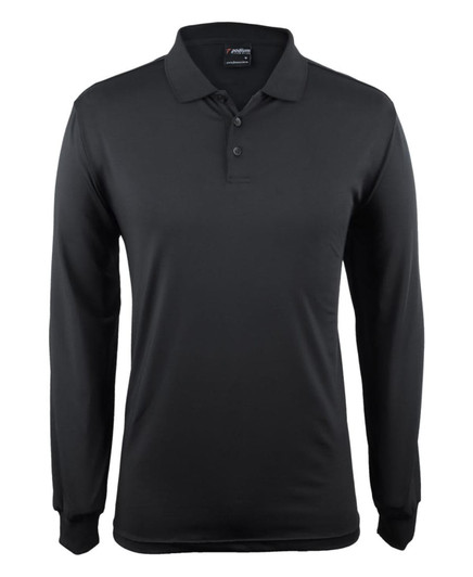A black long-sleeved polo shirt featuring a collar and three buttons, with a logo on the upper side.