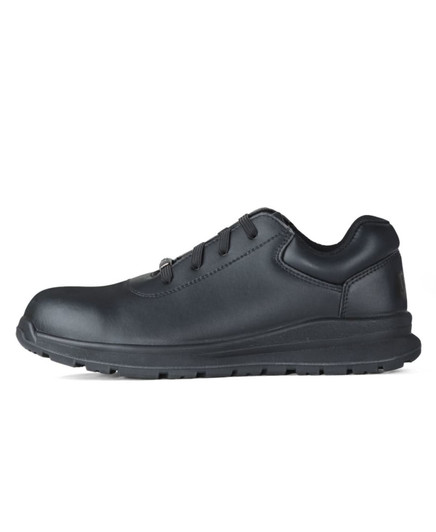 A black soft toe sneaker featuring a sleek design and textured detailing, with a logo present on the shoe.