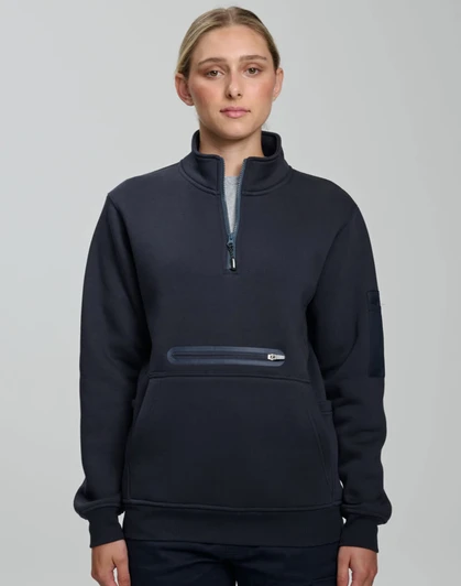 A navy unisex premium fleece half zip work sweatshirt with a zippered front pocket and long sleeves.