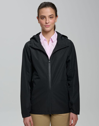 A unisex black waterproof jacket with a hood, featuring a front zip and a branding logo.