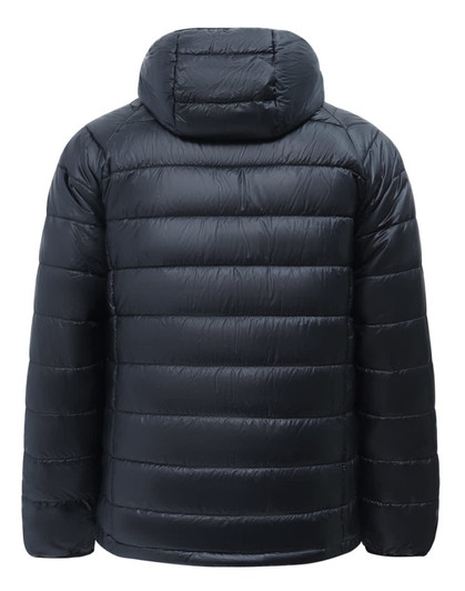 A lightweight hooded puffer jacket in black with a puffy quilted design and a rear view. It features a logo.