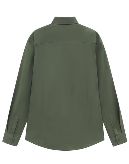 A long-sleeve shirt in olive green with a classic collar and buttoned cuffs, featuring a logo on the back.