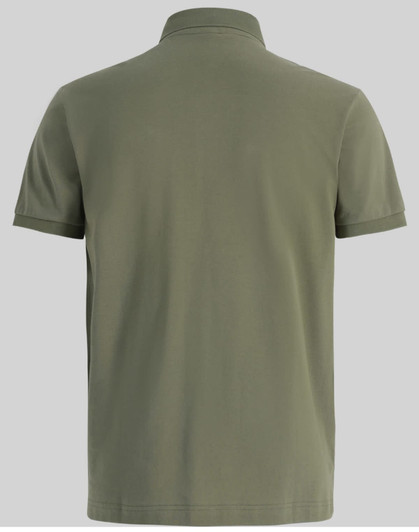 A men's ultrafine cotton pique polo in olive green, featuring a classic polo collar and a logo on the back.