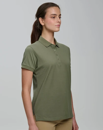 A olive green ladies' polo shirt made from ultrafine cotton pique, featuring a collar and buttoned placket.