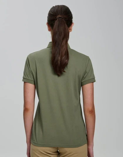 A women's olive green polo shirt with a classic cut and short sleeves, featuring a logo on the back.