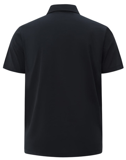 A black men's polo shirt with a collar, featuring short sleeves and a plain back. The shirt has a logo detailing.