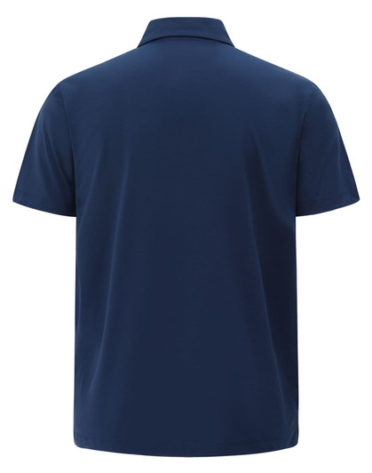 A navy blue men's polo shirt featuring a collar and short sleeves, with a logo on the back.