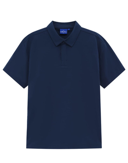 A navy blue men's polo shirt with a collar and short sleeves, featuring a logo on the chest area.