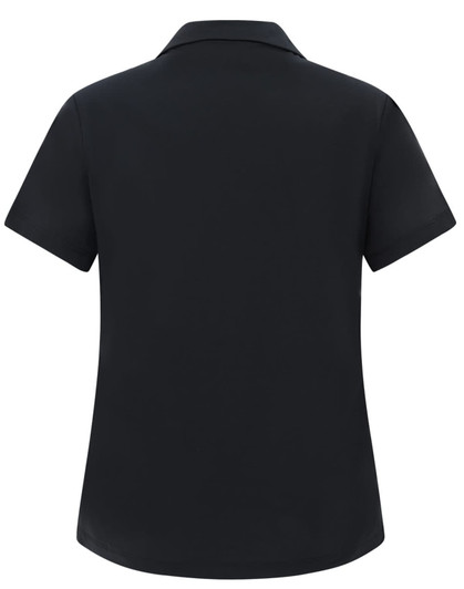 A black high performance polo shirt featuring a classic collar and a logo on the back.