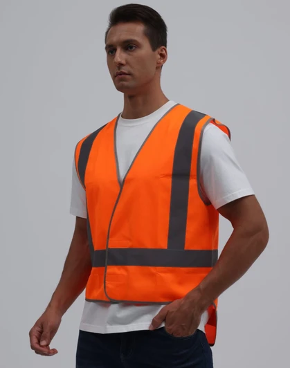 An orange high-visibility safety vest with grey reflective stripes, featuring a loose design and a tail at the back.