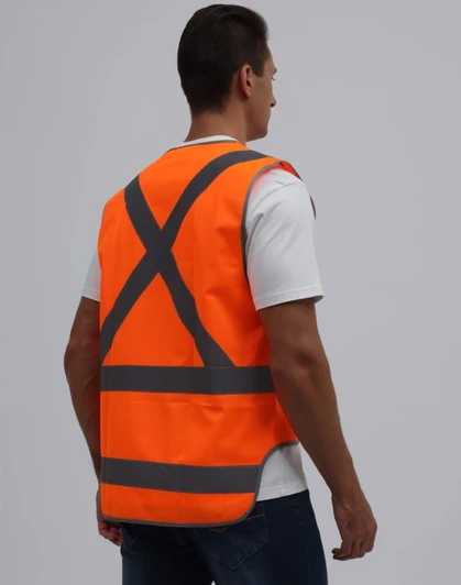 An orange Hi-Vis X Back Safety Vest with grey reflective stripes, displayed on a mannequin from the back.