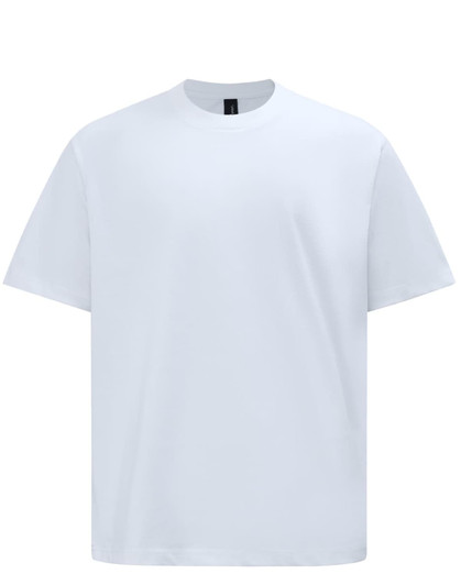 A white unisex heavy cotton oversized tee with a logo on the label.