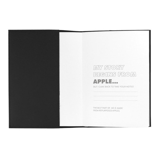 A Mela Apple Leather Refillable Journal with a black cover, featuring a white interior for notes and a branding logo.