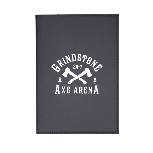 A refillable journal with a dark cover featuring a logo and graphic of crossed axes.