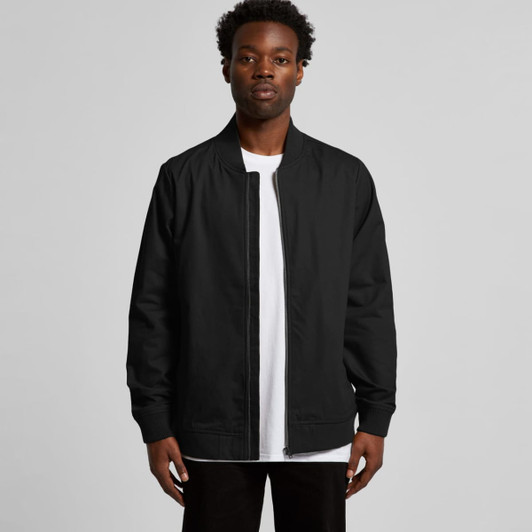 A black bomber jacket worn by a model, featuring a zip front and ribbed cuffs, with a logo visible.