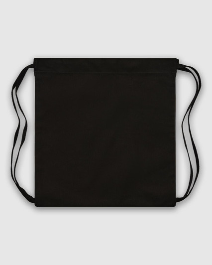 A black drawstring bag with two shoulder straps, featuring a simple, unembellished design.