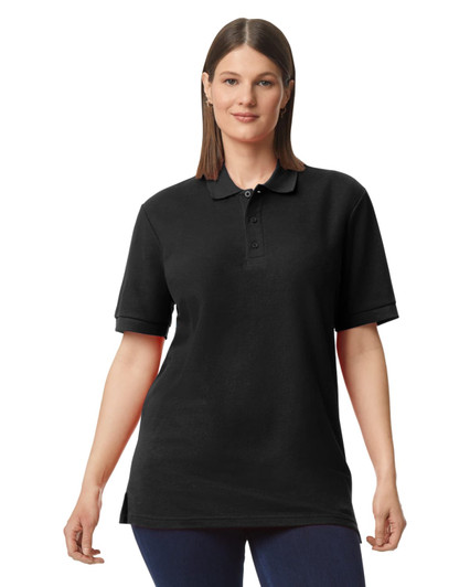 A black Gildan Hammer adult double pique polo shirt displayed on a model, featuring a collar and a logo.