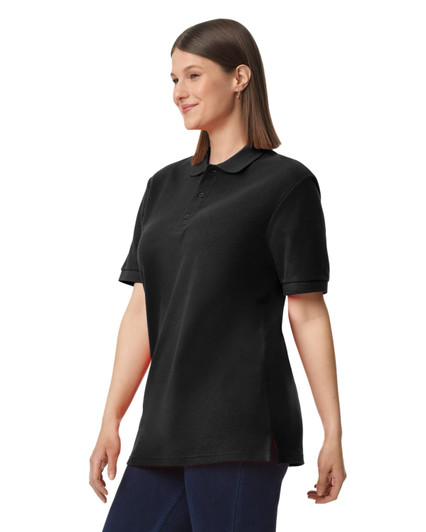 A black Gildan Hammer Adult Double Pique Polo shirt displayed on a model, featuring a subtle logo.
