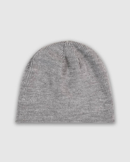 A grey knit beanie with a simple design, featuring a logo or branding. Suitable as casual headwear.