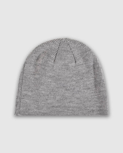 A black knitted beanie with a simple design and a logo. Suitable for casual wear.
