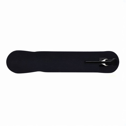 A black gel ink pen with a sleek design and a clip, featuring a logo on the body.