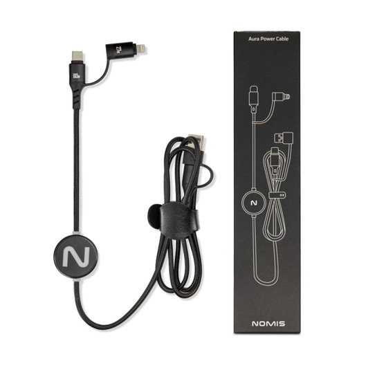 A power cable featuring a black design with a circular logo, accompanied by a protective sleeve.