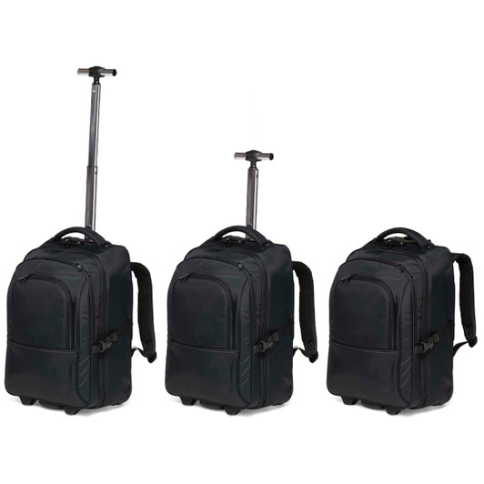 A black trolley backpack with adjustable straps and a retractable handle, displayed in three different positions.