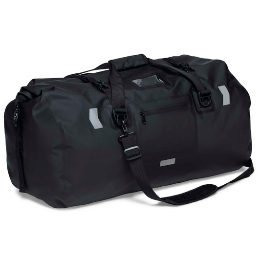 A black duffle bag with grey reflective accents and an adjustable shoulder strap. It features a zipped pocket on the side.