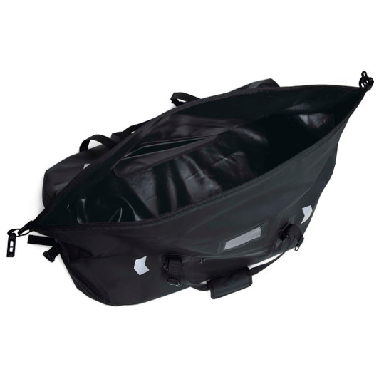 A black duffle bag with multiple straps and a large, open interior. It features a logo on the side.