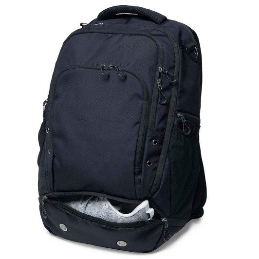 A black Metro-Lock Backpack featuring multiple compartments and a zippered shoe pocket at the bottom.