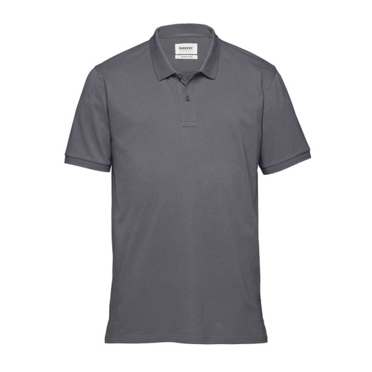 A grey men's polo shirt with a collar and short sleeves, featuring a small logo on the chest.