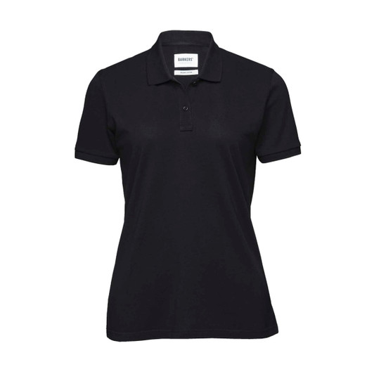A women's polo shirt in black featuring a classic collar and a logo.