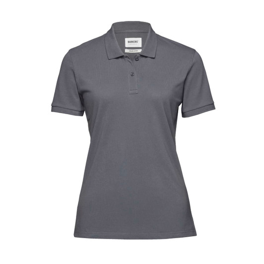A women's polo shirt in grey with a collar, short sleeves, and a branding label on the neck.