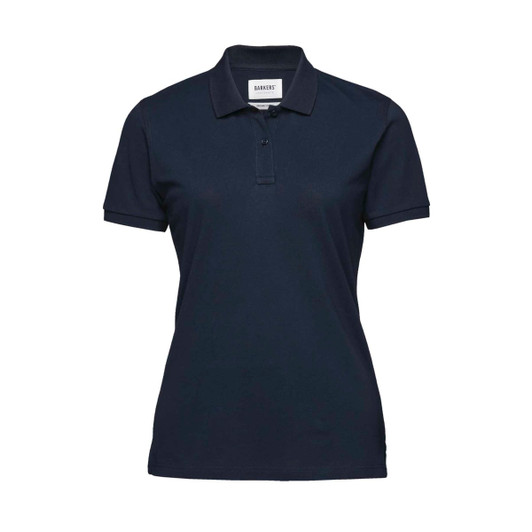 A women's polo shirt in navy blue featuring a collar and a branded logo.