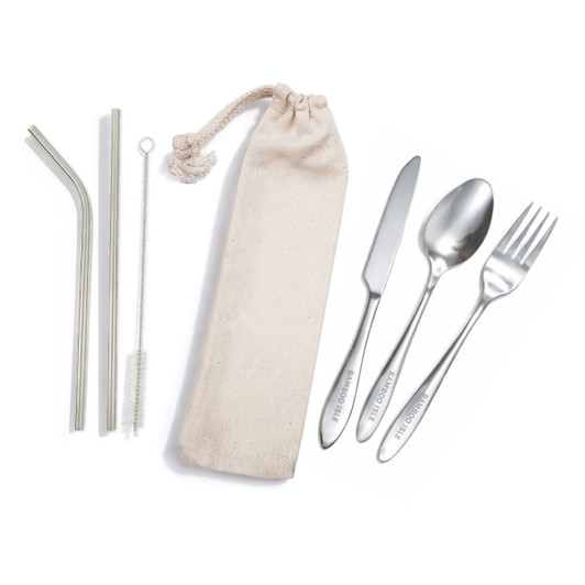 A stainless steel cutlery and straw set in a calico pouch, featuring a spoon, fork, knife, and cleaning straw.