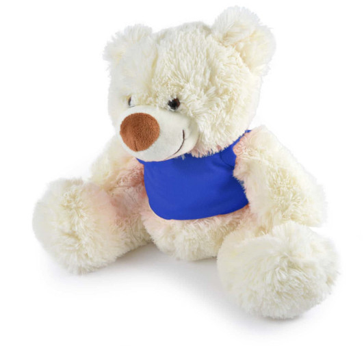 A Coconut Plush Teddy Bear featuring a soft white fur texture and a blue shirt.