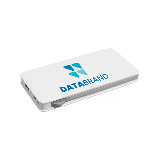 A white power bank with a logo, featuring a sleek design and a side button.