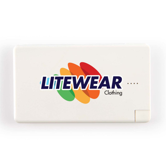 A white power bank with a logo, featuring a sleek design and multiple indicator lights.