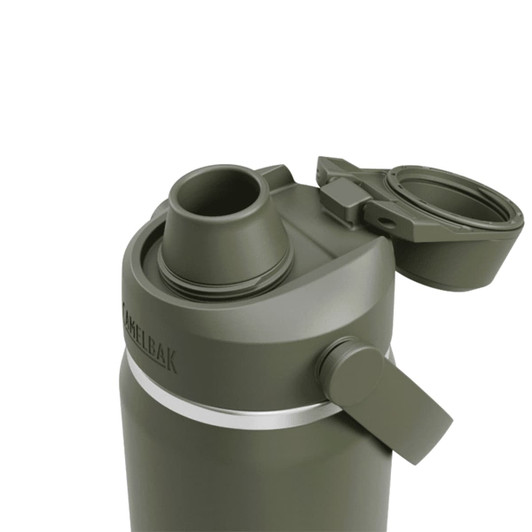 A drink bottle in olive green with a spout and removable cap, featuring a logo on the side.